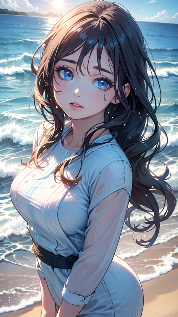 1girl, beautiful detailed eyes, beautiful detailed lips, extremely detailed face, long eyelashes, standing on beach, ocean waves crashing, water splashing, bright, energetic atmosphere, water droplets glittering in sunlight, sun rays, anime style, (best quality, 4k, 8k, highres, masterpiece:1.2), ultra-detailed, (realistic, photorealistic, photo-realistic:1.37), vibrant colors, warm lighting, summer