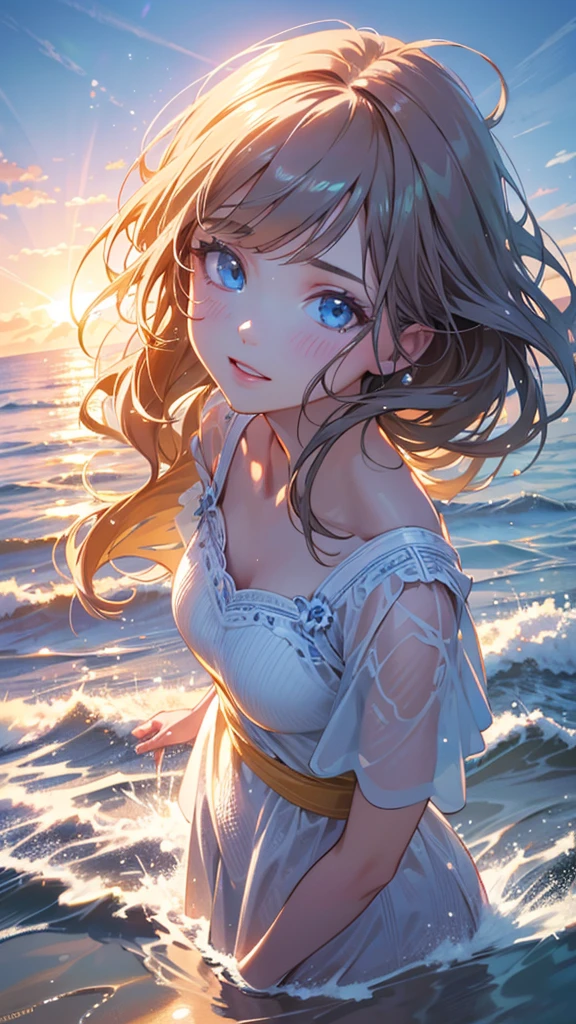 1girl, beautiful detailed eyes, beautiful detailed lips, extremely detailed face, long eyelashes, standing on beach, ocean waves crashing, water splashing, bright, energetic atmosphere, water droplets glittering in sunlight, sun rays, anime style, (best quality, 4k, 8k, highres, masterpiece:1.2), ultra-detailed, (realistic, photorealistic, photo-realistic:1.37), vibrant colors, warm lighting, summer