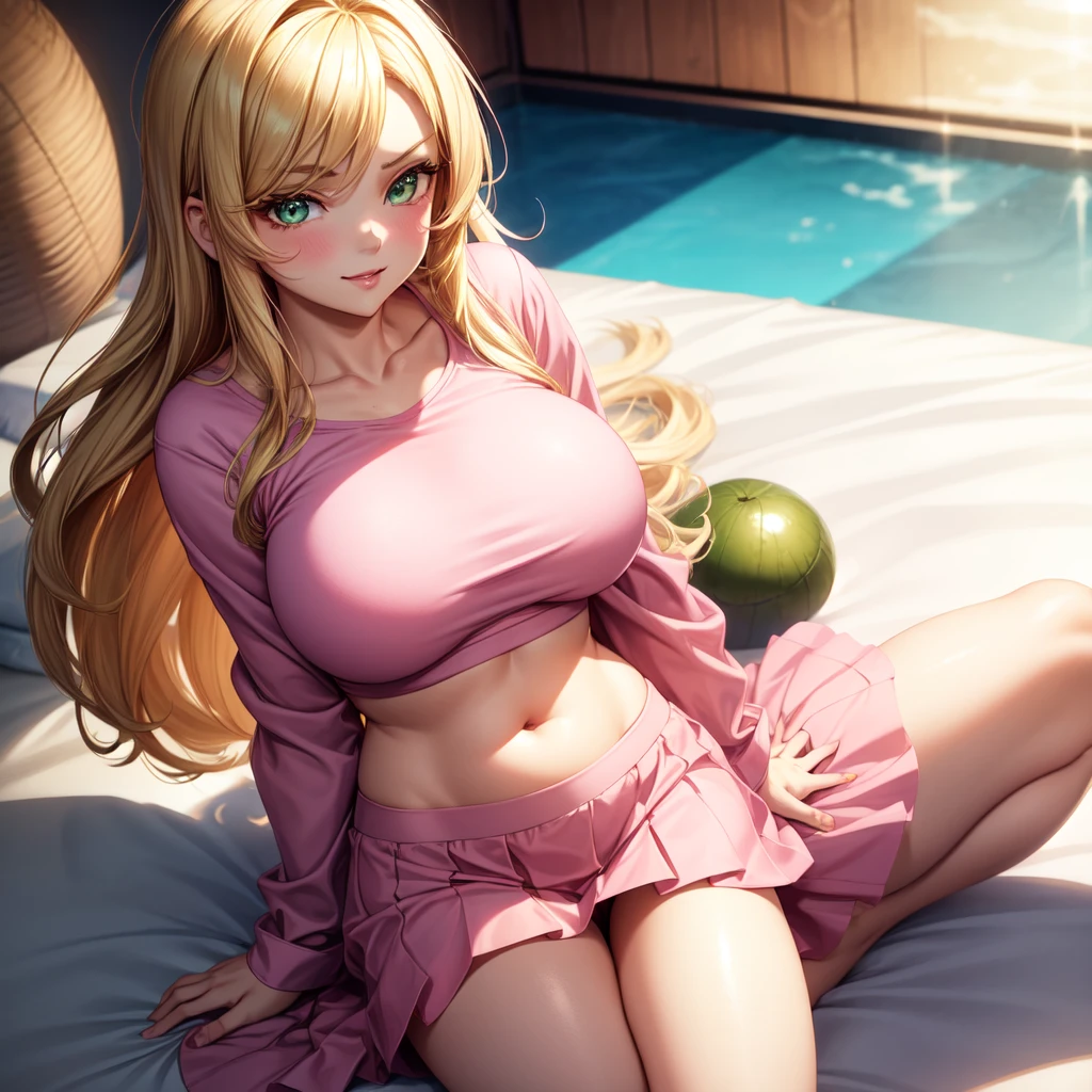 1 girl, solo, Big round breasts, curvy hips, hourglass waist, realistic, bright blonde hair, light green eyes, amazing big eyes, eye details, eyebrow details, crop top, pink skirt, parted lips, blush, confident, dominant, bdsm, smirk, naughty, mischevious face, HD, good quality, bedroom, sitting on bed, wearing pink pyjamas, crop top, curvy,