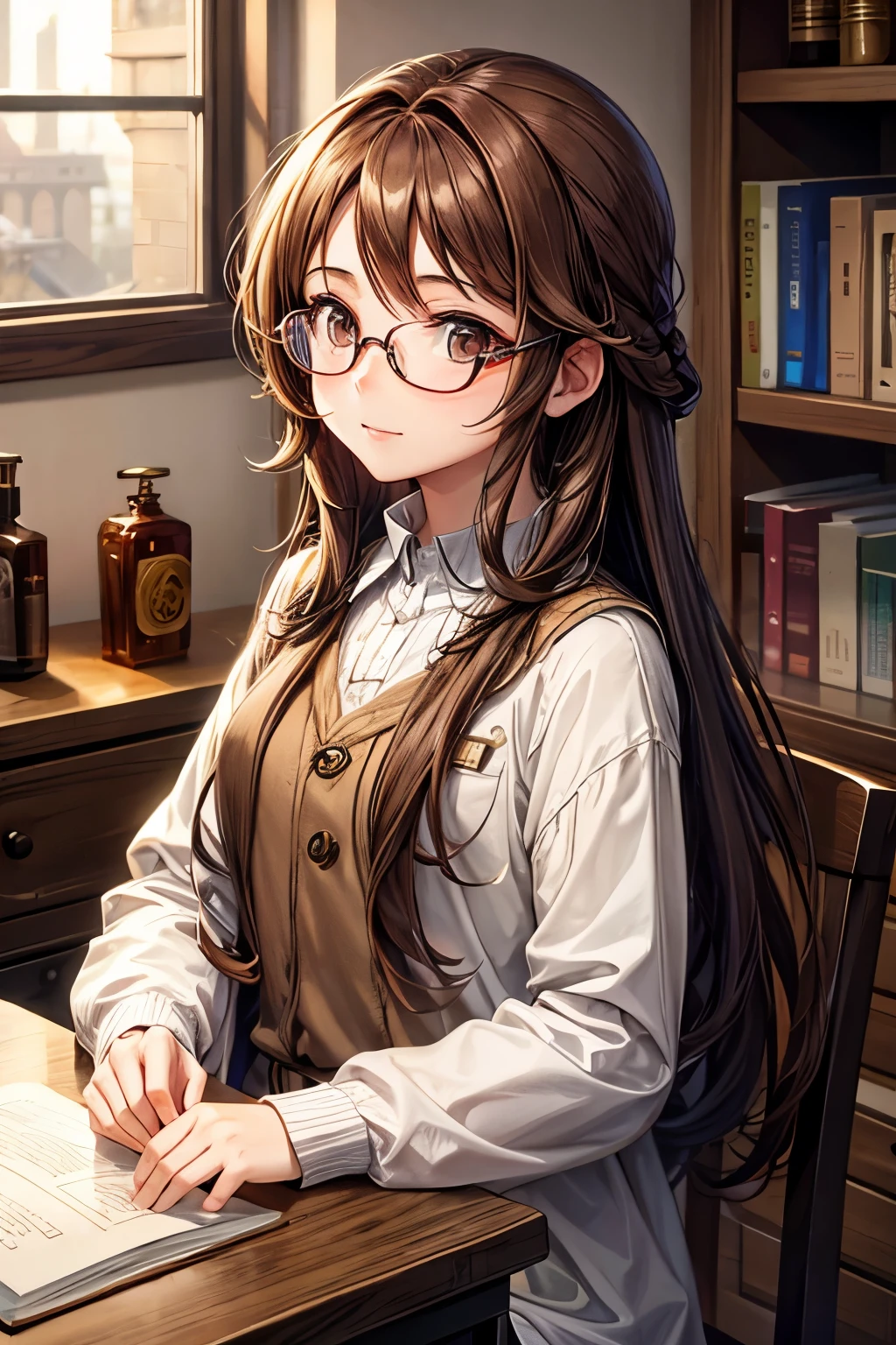 Long brown hair, glasses, brown eyes, girl, alchemist