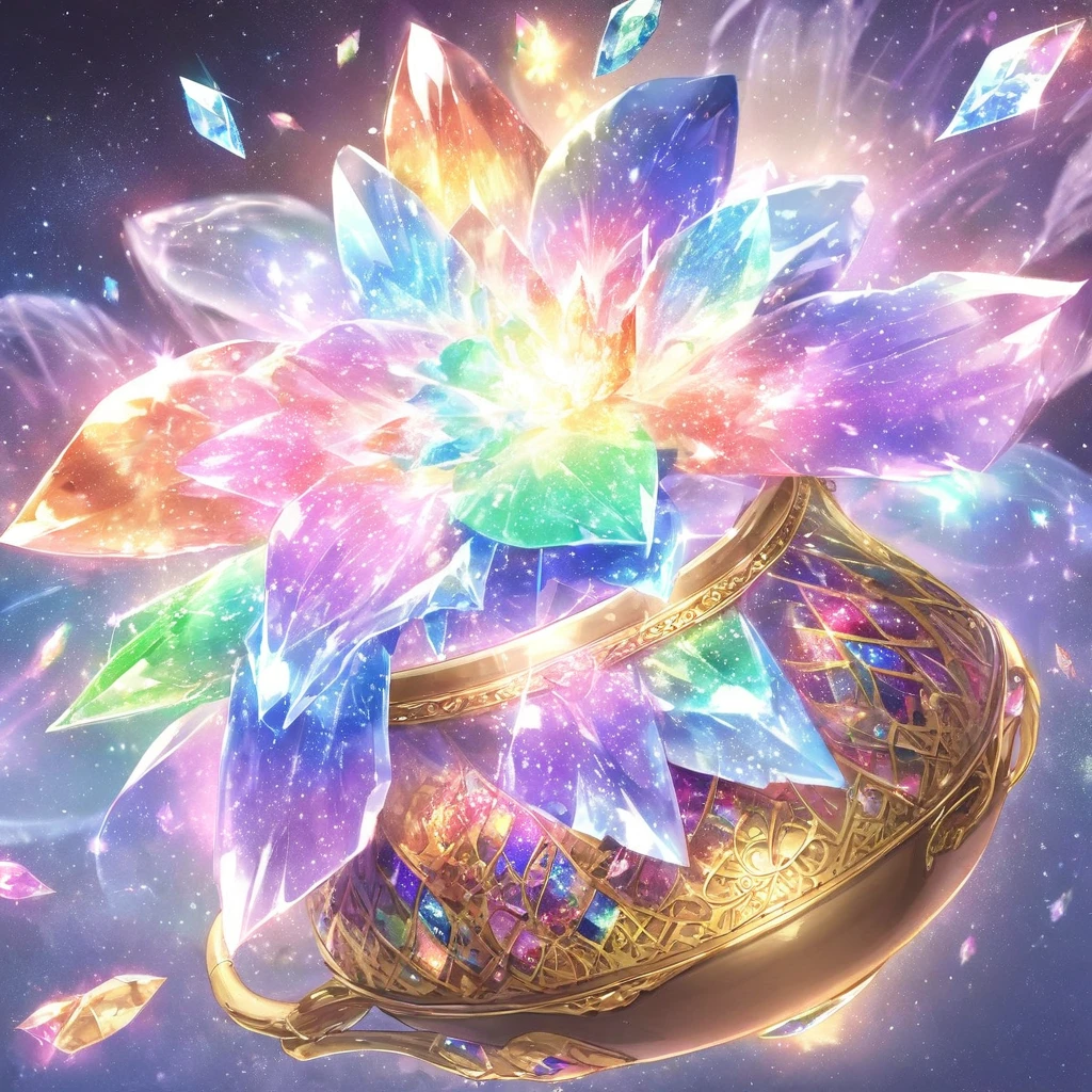 crystal colorful flower, magic, dream Catcher, universe , space, floating, moonlight, magic kanote gold crystal pot,no humans