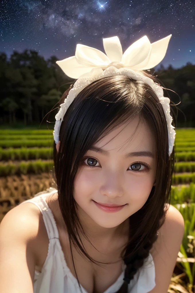 (1 Girl )、(Beautiful Japanese、18years old,round face、Refreshing、clear、seems kind、stylish、Pitiful、cute like an angel、cute、black eyes、,actress,Almond-shaped eyes,Translucent white skin、Beautiful skin), Good style ,(very cute),(Hair tied up,(Black hair),(enchanting eyes),(highlight on eyes:1.2)、(8K、Live shooting、highest quality、masterpiece:1.2、optimal lighting)、((masterpiece)),(Photo taken by a professional photographer),(real、photo real:1.4),break,{ (Cute summer clothes)},(cheeks are red:1.3), break, break,Face shot:1.3、 face close-up,Looking at viewer、(Cleavage:0.5)、From above,happy smile face:1.4,,Japan rice fields,(((night))),Many small glowing insects are flying、Japanese countryside、Starry Sky