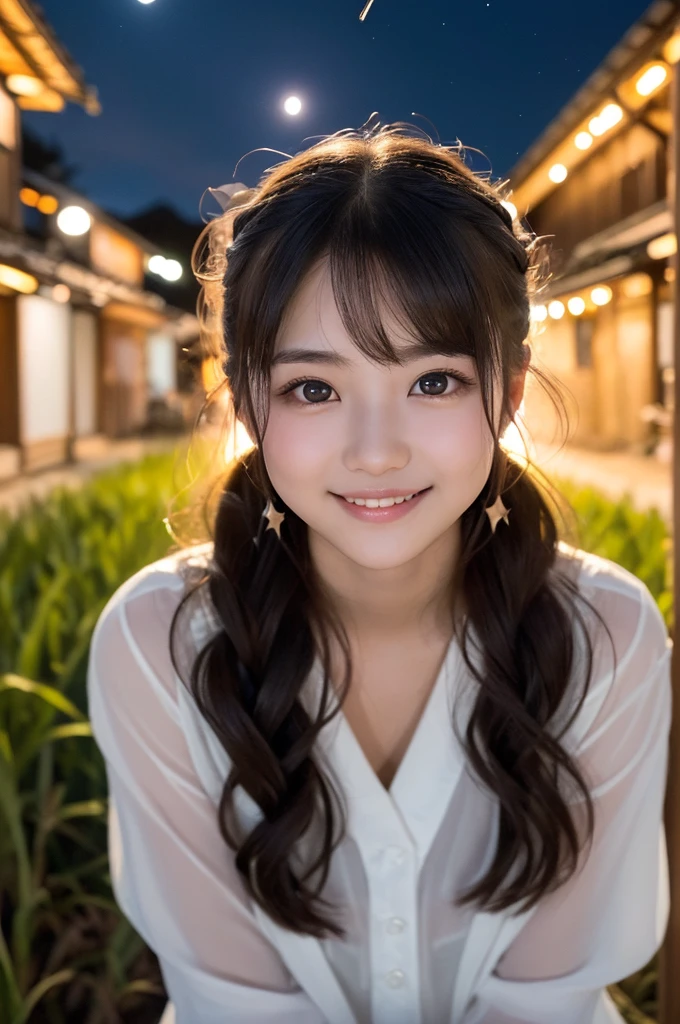 (1 Girl )、(Beautiful Japanese、18years old,round face、Refreshing、clear、seems kind、stylish、Pitiful、cute like an angel、cute、black eyes、,actress,Almond-shaped eyes,Translucent white skin、Beautiful skin), Good style ,(very cute),(Hair tied up,(Black hair),(enchanting eyes),(highlight on eyes:1.2)、(8K、Live shooting、highest quality、masterpiece:1.2、optimal lighting)、((masterpiece)),(Photo taken by a professional photographer),(real、photo real:1.4),break,{ (Cute summer clothes)},(cheeks are red:1.3), break, break,Face shot:1.3、 face close-up,Looking at viewer、(Cleavage:0.5)、From above,happy smile face:1.4,,Japan rice fields,(((night))),Many small glowing insects are flying、Japanese countryside、Starry Sky