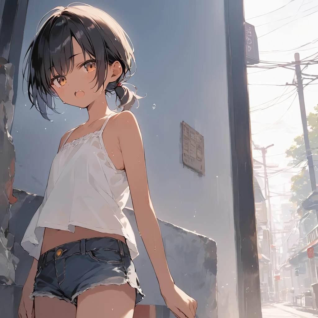 score_9, score_8_up, score_7_up, source_anime, best quality, masterpiece,official art, absurdres, highres, waifu2x,Collection: Slice of Life,break,1girl, tomboy, dark-skinned female, short hair, low ponytail, flat chest, beautiful detailed eyes, short shorts, sweat, open mouth, (yawn:0.3), sleepily, outdoors, wind, break,(clear line illustration:1.2),very high resolution, very aesthetic, super detailed skin, Best sexual lighting powered by famous artist, 8k,cute picture,beauty illustration,photoshop_(medium),,(Detailed Lighting)