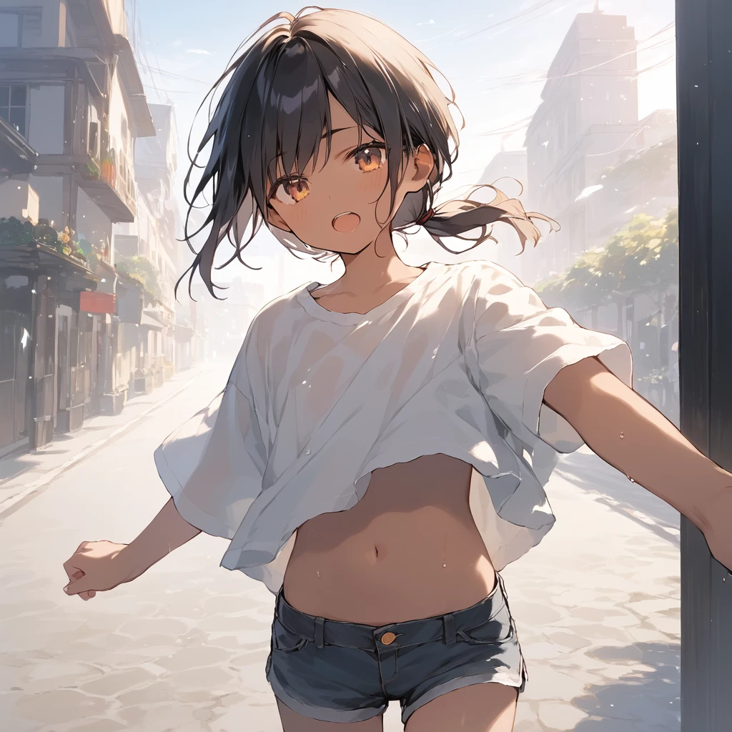 score_9, score_8_up, score_7_up, source_anime, best quality, masterpiece,official art, absurdres, highres, waifu2x,Collection: Slice of Life,break,1girl, tomboy, dark-skinned female, short hair, low ponytail, flat chest,  beautiful detailed eyes, short shorts, sweat, open mouth, (yawn:0.3), sleepily, outdoors, wind, break,(clear line illustration:1.2),very high resolution, very aesthetic, super detailed skin, Best sexual lighting powered by famous artist, 8k,cute picture,beauty illustration,photoshop_(medium),,(Detailed Lighting)
