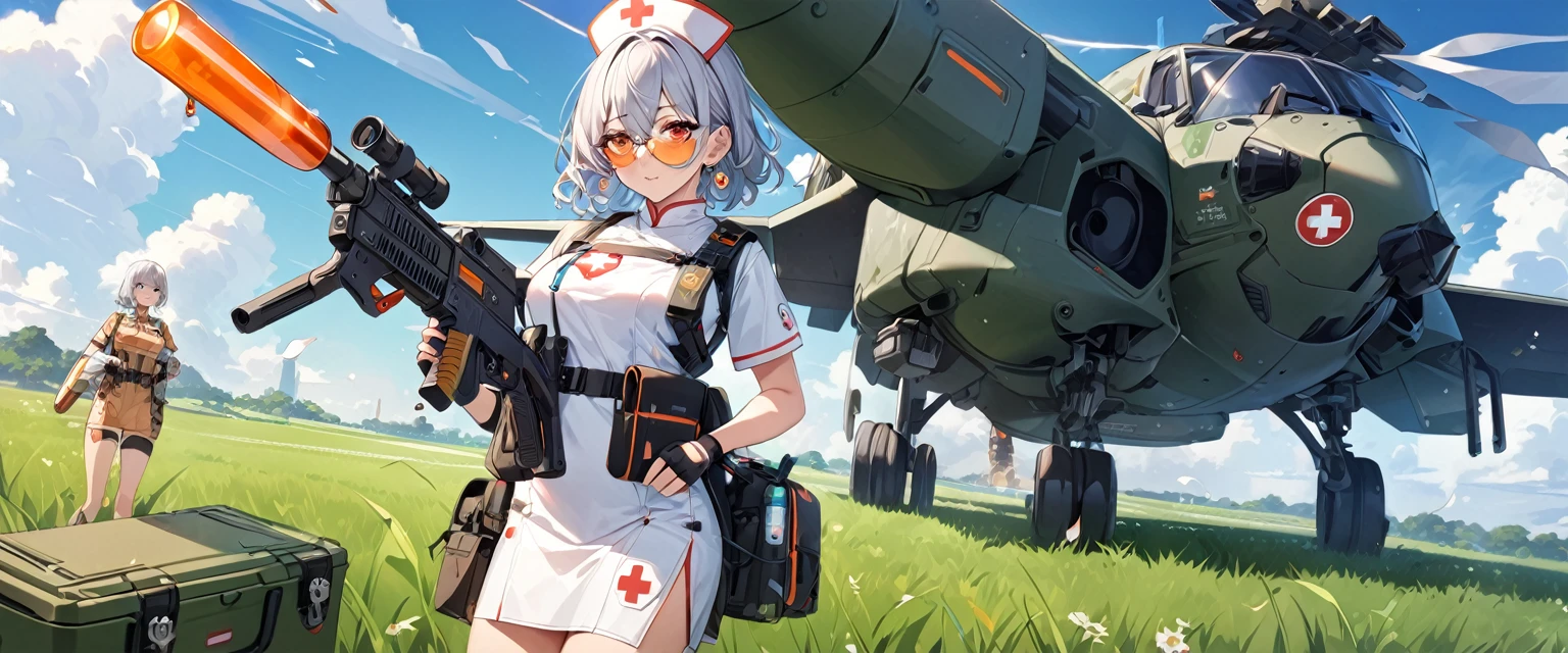 (Perfect Anatomy)、Mastepiece、Ultra High Quality、 8K、masterpiece、Highest quality、Ultra-high resolution、Maximum resolution、Very detailed、Professional Lighting、anime、Adult female、thin、so beautiful、Highly detailed eye、Draw the whole body、2girl, Nurse uniform、Has a submachine gun、Red Eye、Silver Hair、short hair、Earrings、Fingerless gloves、Beautiful Eyes、Gloss Lip、Tactical Boots、Equipped with transparent orange shooting goggles、Equipped with a chest rig、Carry a first aid kit、Health Corps, break, Adult female、thin、so beautiful、China dress、He has a gun、Yellow Eyes、Blue Hair、Long Wavy Hair、Earrings、Fingerless gloves、Tactical Boots、Equipped with transparent orange sunglasses、Equipped with a chest rig、grassland