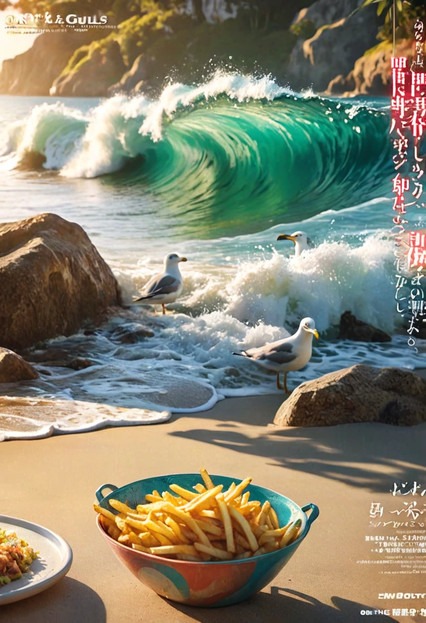 Magazine cover(masterpiece, best quality:1.2),Beautiful seagull eating french fries, Peaceful seaside scenery, Meticulous and realistic, Reality, high quality, Intricate details, Soft natural lighting, Dramatic shadows, Vibrant colors, Oil painting texture, Beautiful waves, Beach, Peaceful atmosphere(8K)(HD)