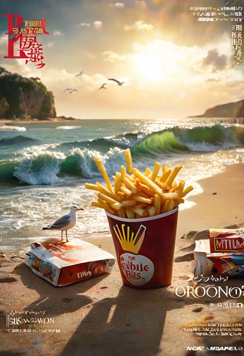 Magazine cover(masterpiece, best quality:1.2),Beautiful seagull eating french fries, Peaceful seaside scenery, Meticulous and realistic, Reality, high quality, Intricate details, Soft natural lighting, Dramatic shadows, Vibrant colors, Oil painting texture, Beautiful waves, Beach, Peaceful atmosphere(8K)(HD)