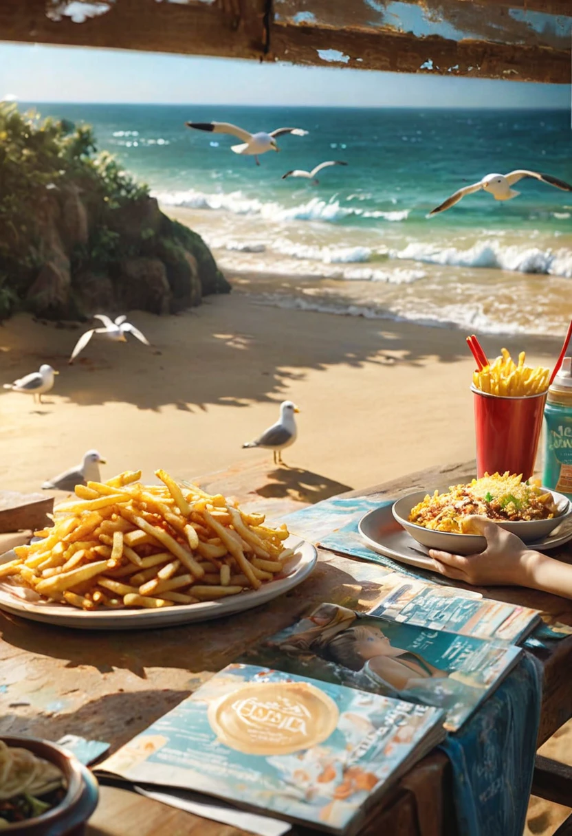 Magazine cover(masterpiece, best quality:1.2),Beautiful seagull eating french fries, Peaceful seaside scenery, Meticulous and realistic, Reality, high quality, Intricate details, Soft natural lighting, Dramatic shadows, Vibrant colors, Oil painting texture, Beautiful waves, Beach, Peaceful atmosphere(8K)(HD)