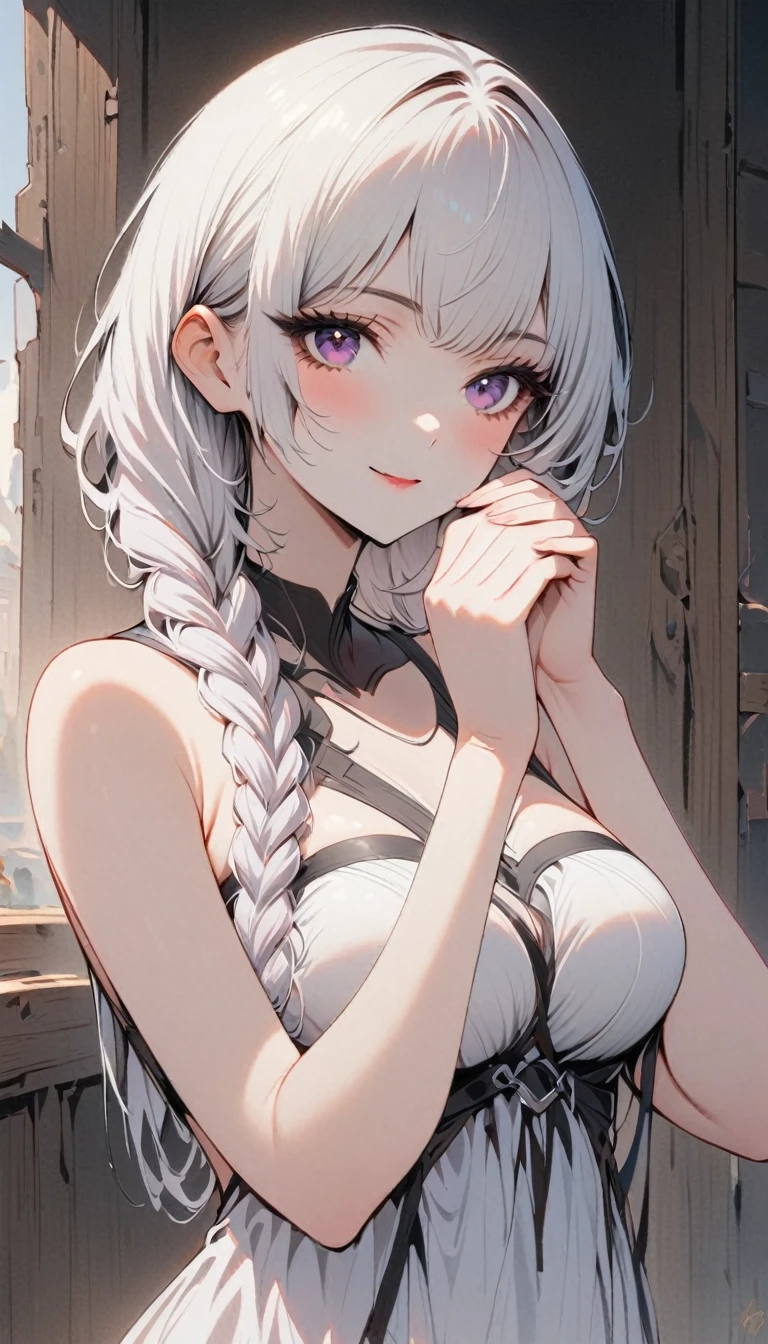 ((Highest quality, 8k, masterpiece:1.3)), concentrated:1.2, Beautiful woman with perfect figure:1.4, Stick your butt out:1.2, ((Cut your hair in layers:1.2)), ,(Bandeau dress:1.5), Highly detailed face and skin texture, Detailed eyes, double eyelid,Whitening the skin,Long white hair,(Keep your mouth shut:1.3),smile