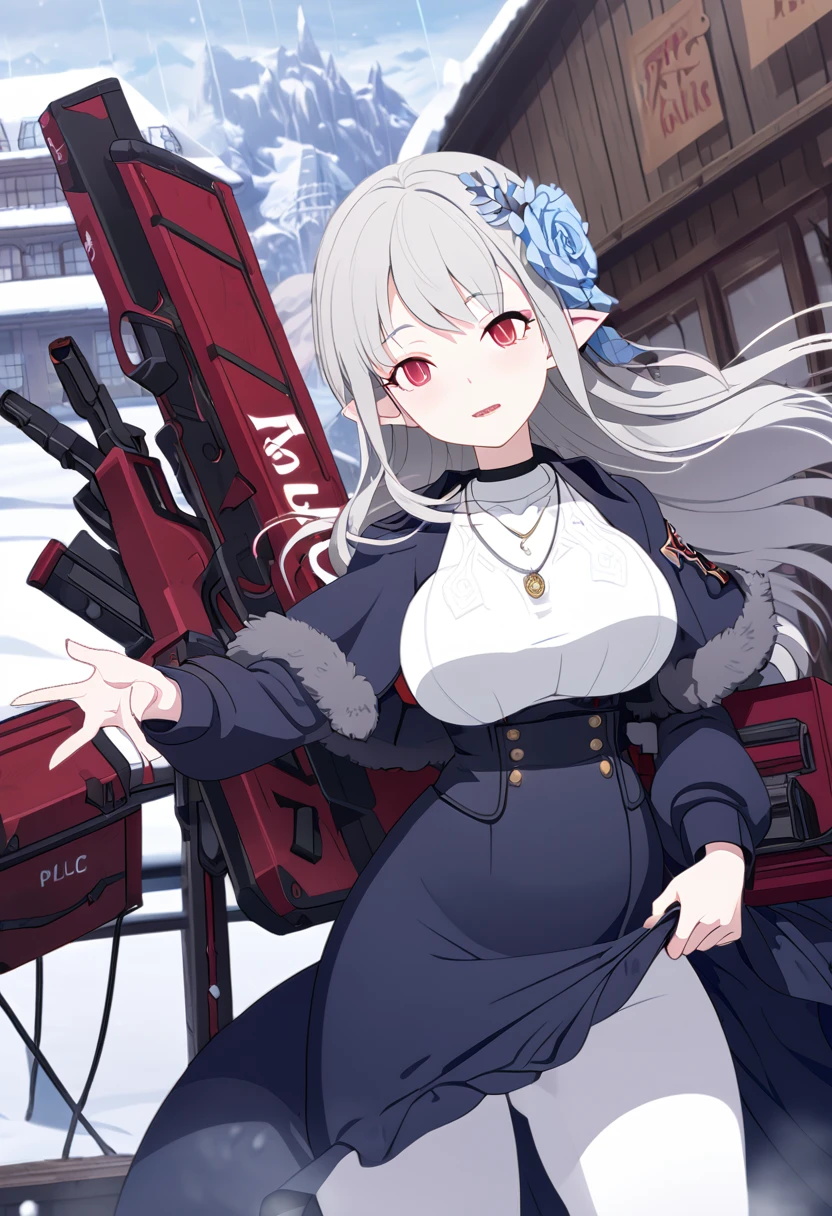 {{masterpiece}},Highest quality,Very detailed,Very detailed CG ユニティ 8k 壁紙,An illustration, One girl, Red eyes, Wavy silver hair, Pointed Ears, vampire, Mobile Task Force Equipment,Police uniform,dress, necklace, Hair Flowers, snow, ice, whole body, shot,High Close-up, Very detailed,Center Frame,Sharp focus, View your viewers, Floating Hair,NSFW,skirt lift,futanari,big deck