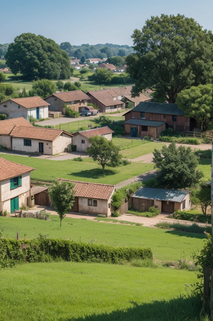 A rural town with houses three meters apart and cattle trees and green space b