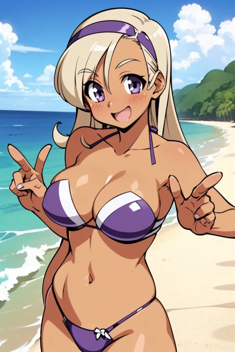 ((Hyuuga miki,Final Romance, Long hair, Blonde hair,((Brown skin)),purple hair band,purple eyes)),large breasts,strapless,bikini, beach,smile,blush,(dynamic pose:1.2)