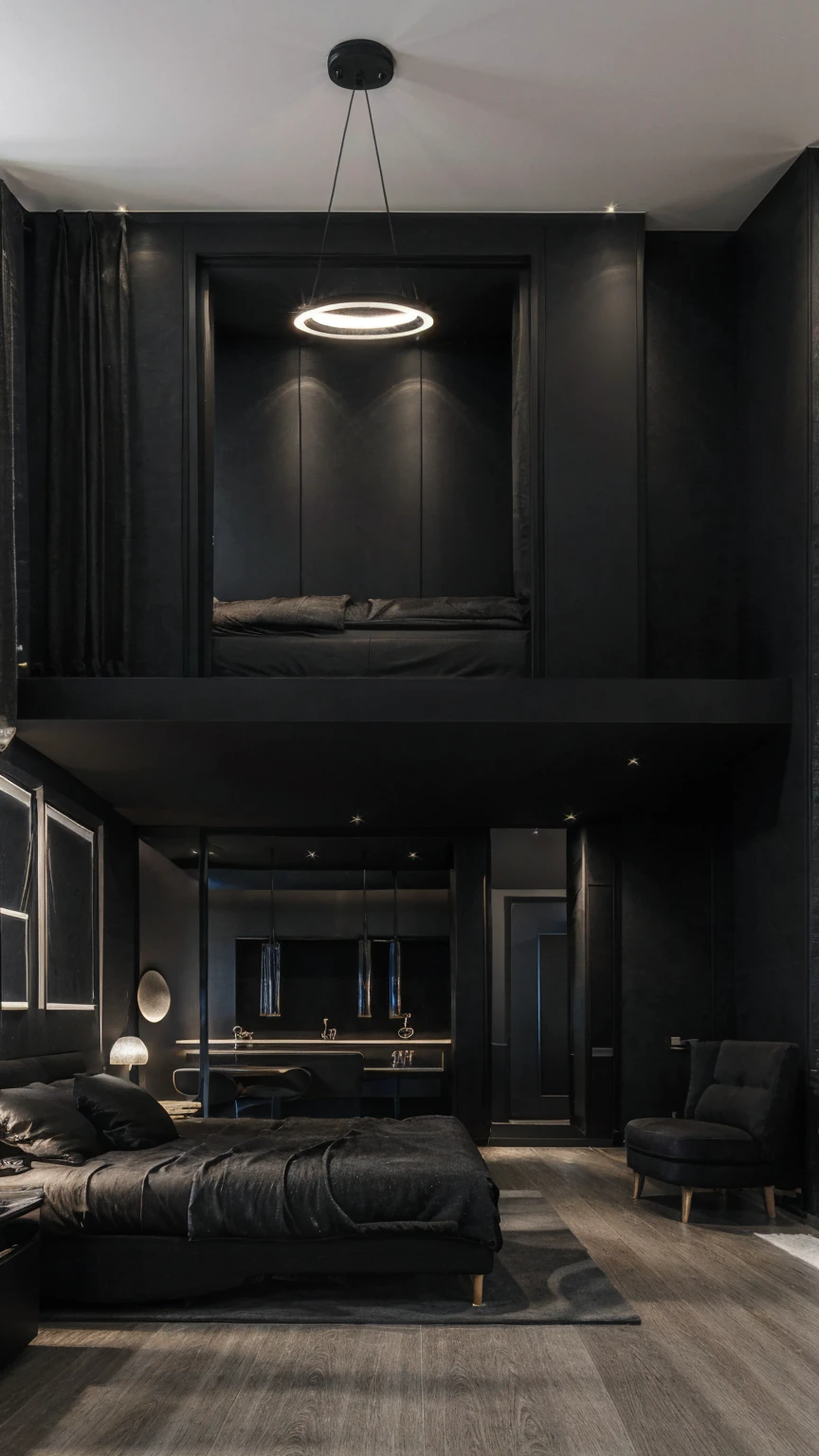 best quality, ultra high res, realistic style room realistic style room, lighting, plain black walls 