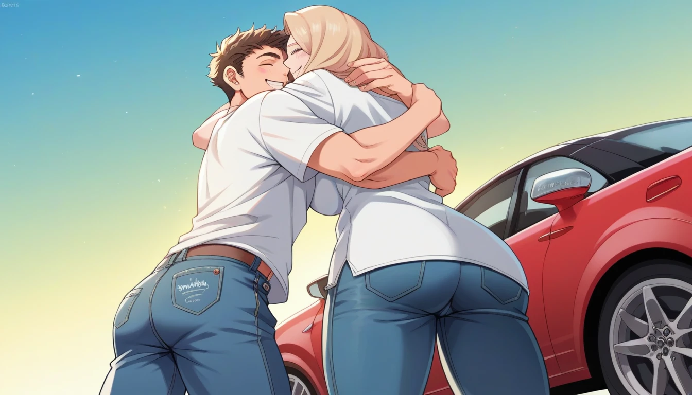 comic style, Manga,en dialogues, 2 people, beautiful blonde, wide, Horse tail, sexy black dress and white elegant suit man, Driving a car, kiss, grab one breast
