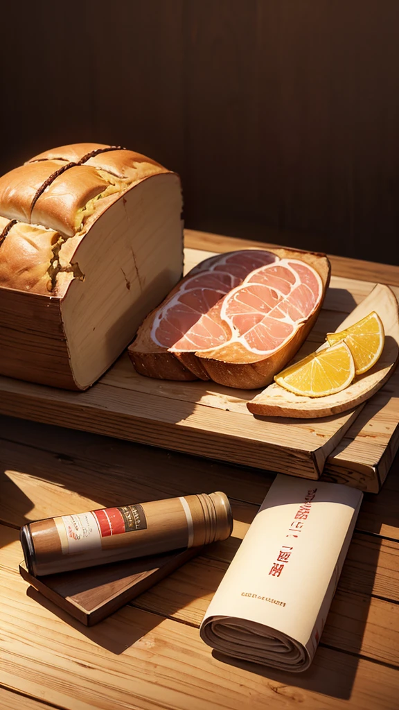 $15 Table, Pencil Sketch, Detailed wallpaper, wooden table surface, There is a half-finished bottle of wine on the table.。A bag of bread and some ham,Natural Lighting, Warm colors, high resolution, Sharp focus, delicate shading, Realistic textures, Complex lines, nostalgic vibes,unmanned