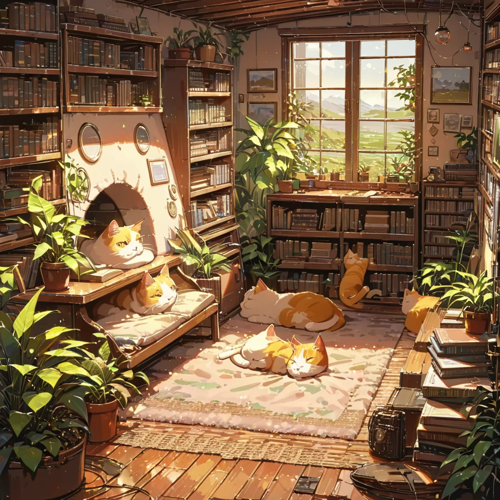 (((Vast landscape, distance view, wide shot, long shot))), ((anime:1.4,illustration)),(masterpiece, top quality, best quality),(ultra-detailed, absolutely resolution),((16k, high res)), (((cozy attic room with a person painting at an easel. The room has a large window letting in soft light, old-fashioned furniture, and shelves with books and plants. Include a lounging cat for a serene atmosphere))), ((cosy lofi illustration:1.4)), ((anime:1.4, illustration)),(masterpiece, top quality, best quality),(ultra-detailed, absolutely resolution),((16k, high res)) BREAK {lofi art, style of Laurie Greasley, style of Makoto Shinkai, anime aesthetic}, BREAK { (produces images with information than 40 million pixels with cinematic-like detailed textures shot on a Sony SLR).}