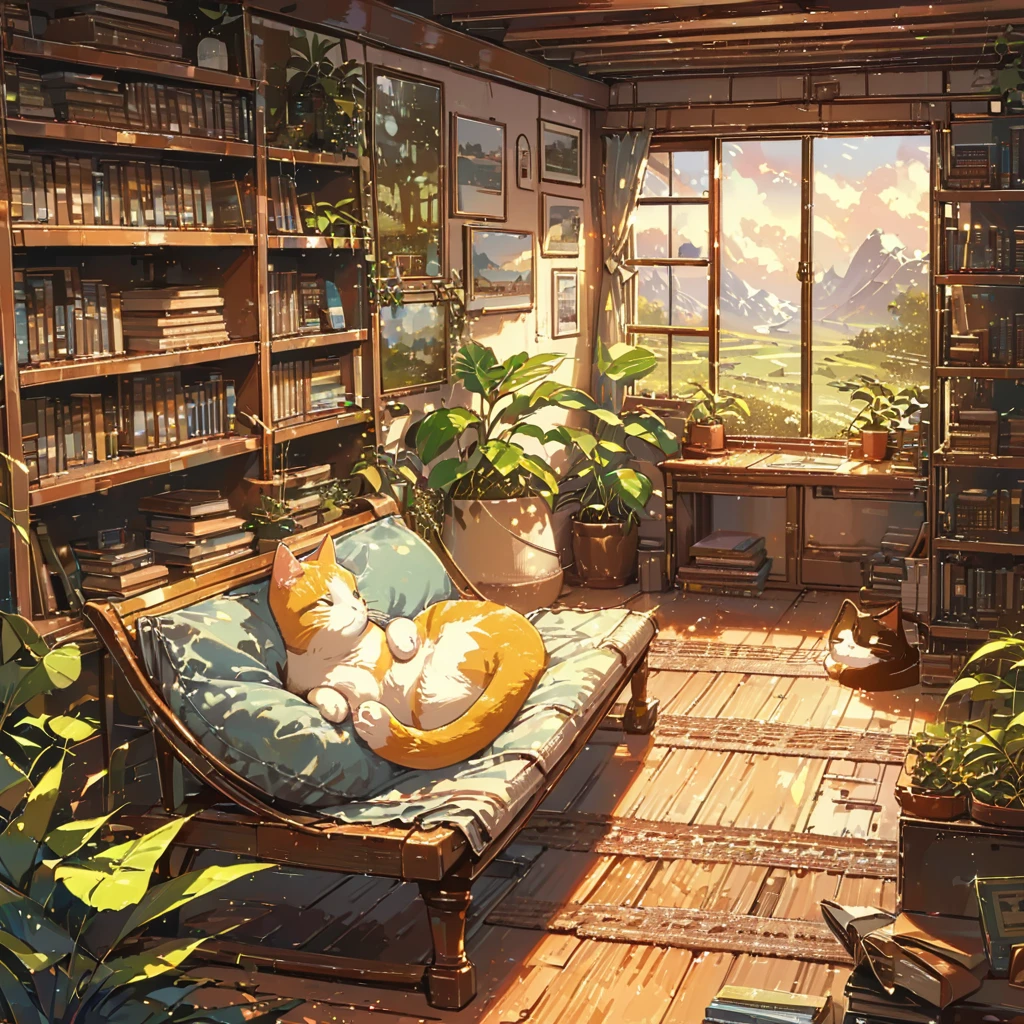 (((Vast landscape, distance view, wide shot, long shot))), ((anime:1.4,illustration)),(masterpiece, top quality, best quality),(ultra-detailed, absolutely resolution),((16k, high res)), (((cozy attic room with a person painting at an easel. The room has a large window letting in soft light, old-fashioned furniture, and shelves with books and plants. Include a lounging cat for a serene atmosphere))), ((cosy lofi illustration:1.4)), ((anime:1.4, illustration)),(masterpiece, top quality, best quality),(ultra-detailed, absolutely resolution),((16k, high res)) BREAK {lofi art, style of Laurie Greasley, style of Makoto Shinkai, anime aesthetic}, BREAK { (produces images with information than 40 million pixels with cinematic-like detailed textures shot on a Sony SLR).}