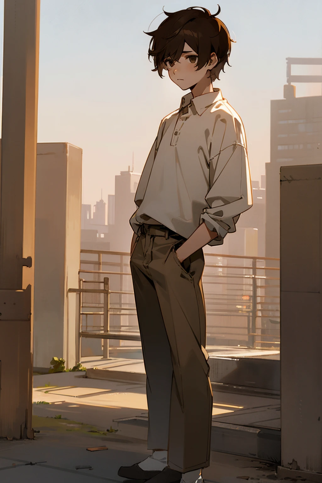 1male, brown hair, messy short hair, blank eyes, lost hope, white shirt, baggy brown pants, city background, detailed background, hands to side, standing on path