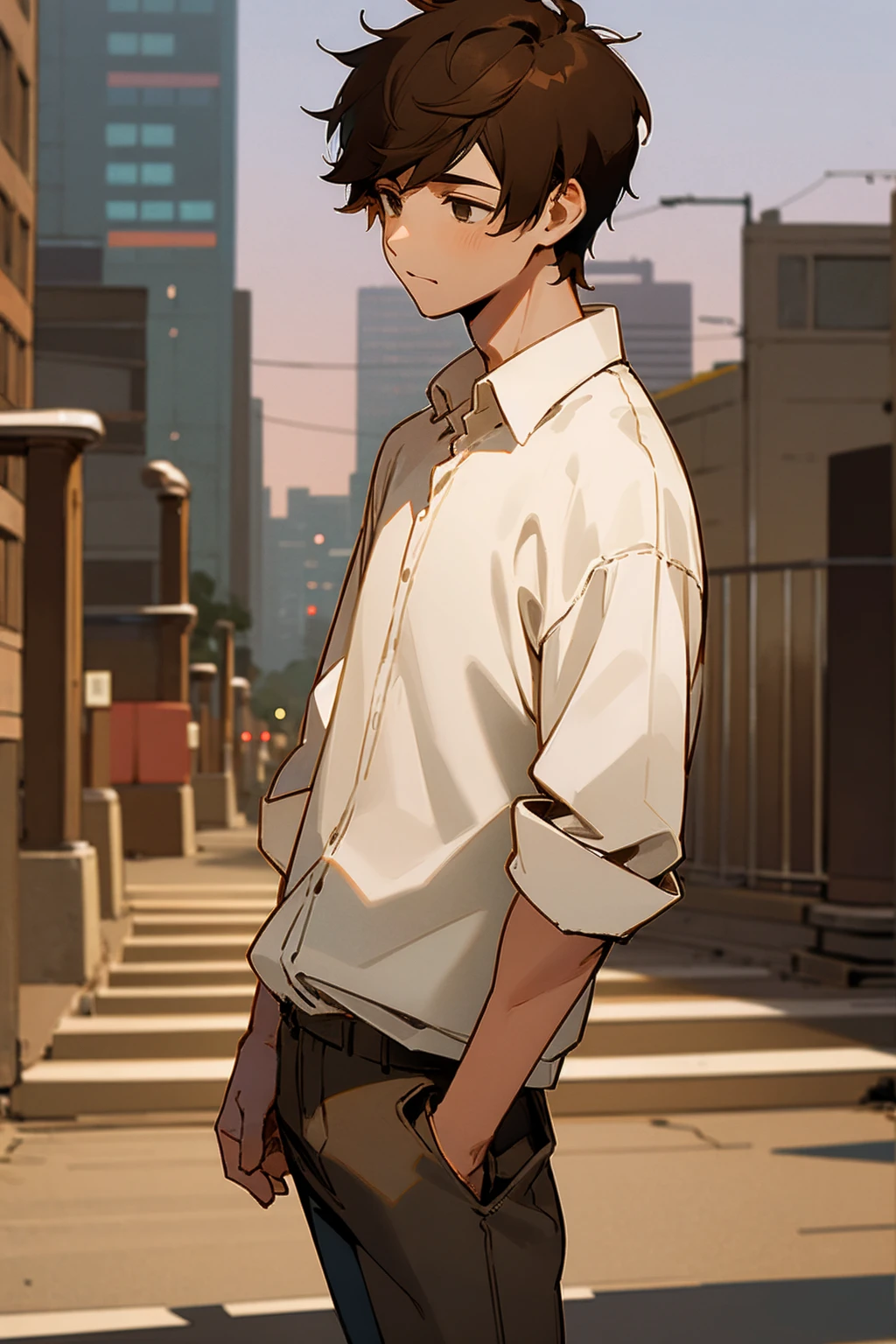 1male, brown hair, messy short hair, blank eyes, lost hope, white shirt, baggy brown pants, city background, detailed background, hands to side, standing on path