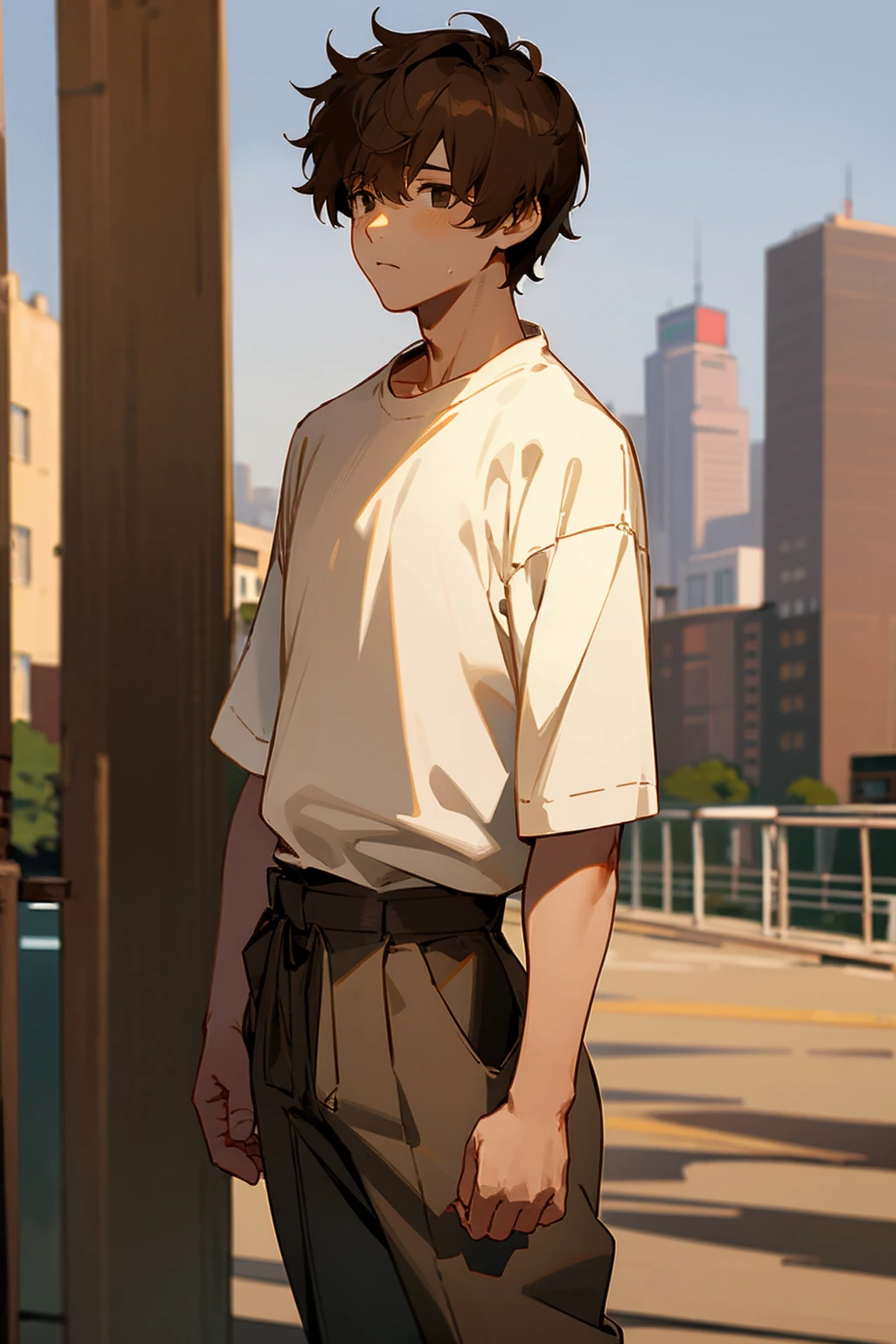 1male, brown hair, messy short hair, blank eyes, lost hope, white shirt, baggy brown pants, city background, detailed background, hands to side, standing on path