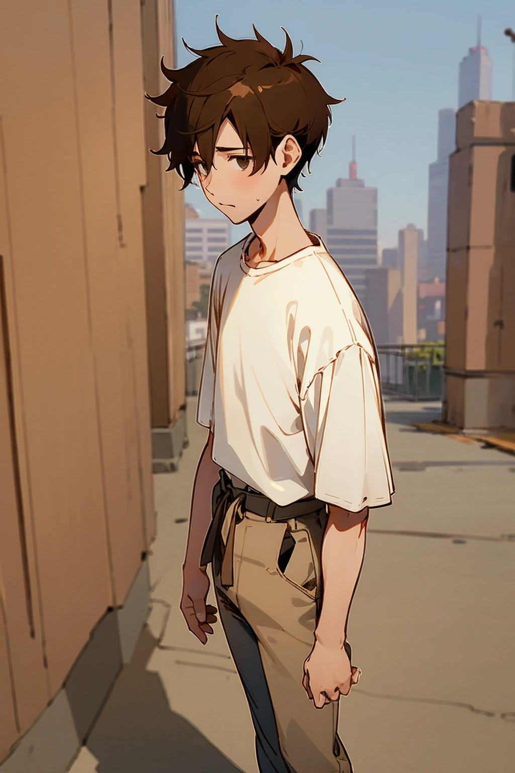 1male, brown hair, messy short hair, blank eyes, lost hope, white shirt, baggy brown pants, city background, detailed background, hands to side, standing on path