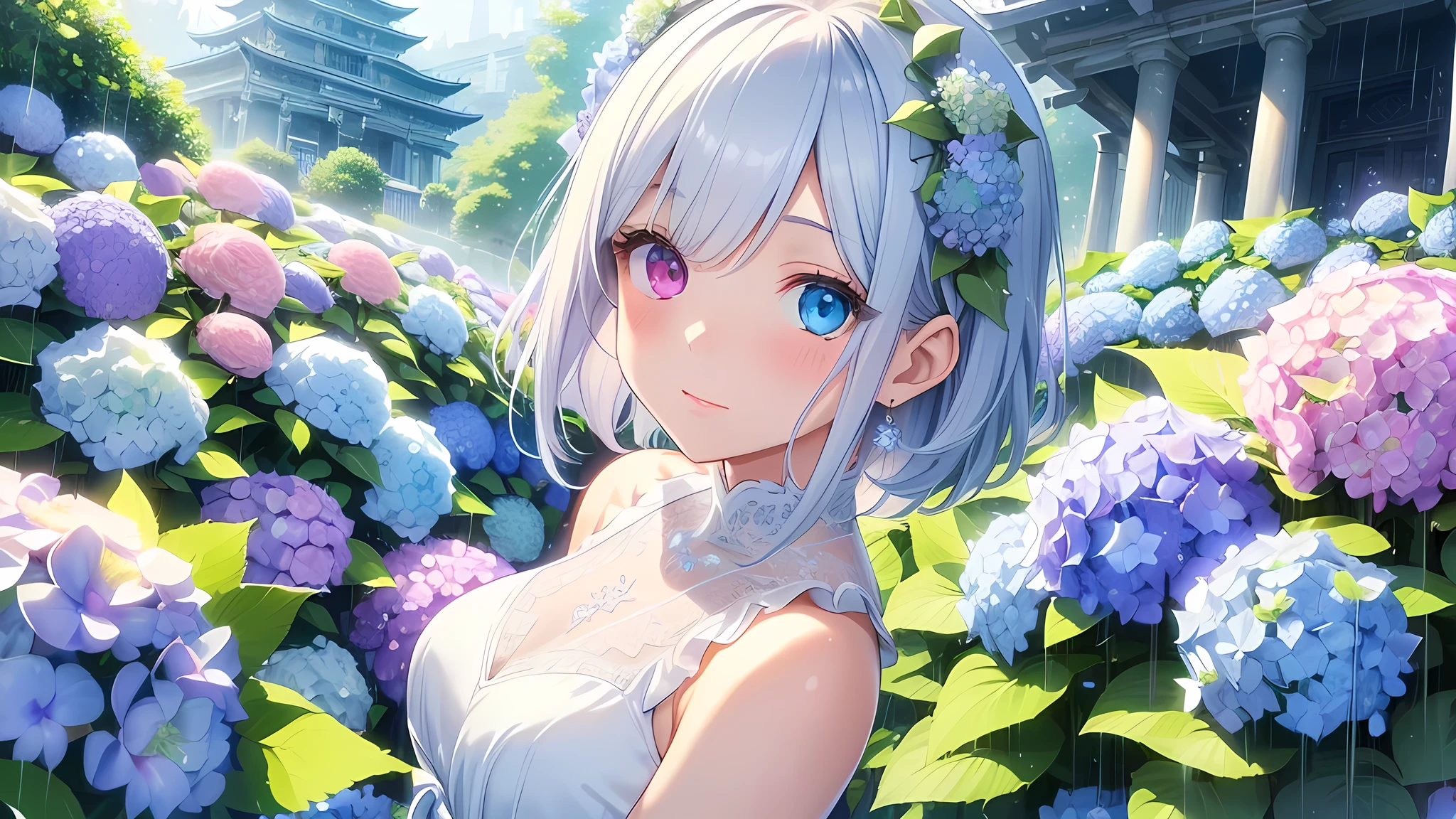 Best quality、Photorealistic、Ultra-detailed、delicate、Orderly、High Detail、Bluish Silver Short Bob、(Drooping heterochromia iris,glowing eyes、Sparkling Eyes:1.3)、slender、(One girl:1.2)、(A girl standing in a temple surrounded by hydrangeas、Girl with a bouquet of hydrangeas、Girl kissing a hydrangea、rain、Dutch Angle:1.3)、wet、Ambient Occlusion、Ambient Light、Ray-traced Reflections、Glow、Shiny Hair、