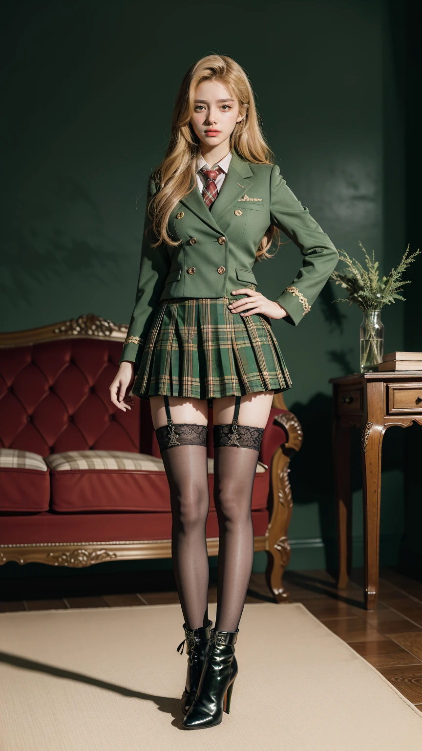 UHD,8K,RAW,girlvn01, 1girl,school,Stunningly Beautiful Girl,green suit,Epaulette, pleated plaid green skirt,plaid red necktie, Long shaped face,Sandy Blonde side-swept hair,standing ,black stocking ,sofa,student boots high heels,full body,