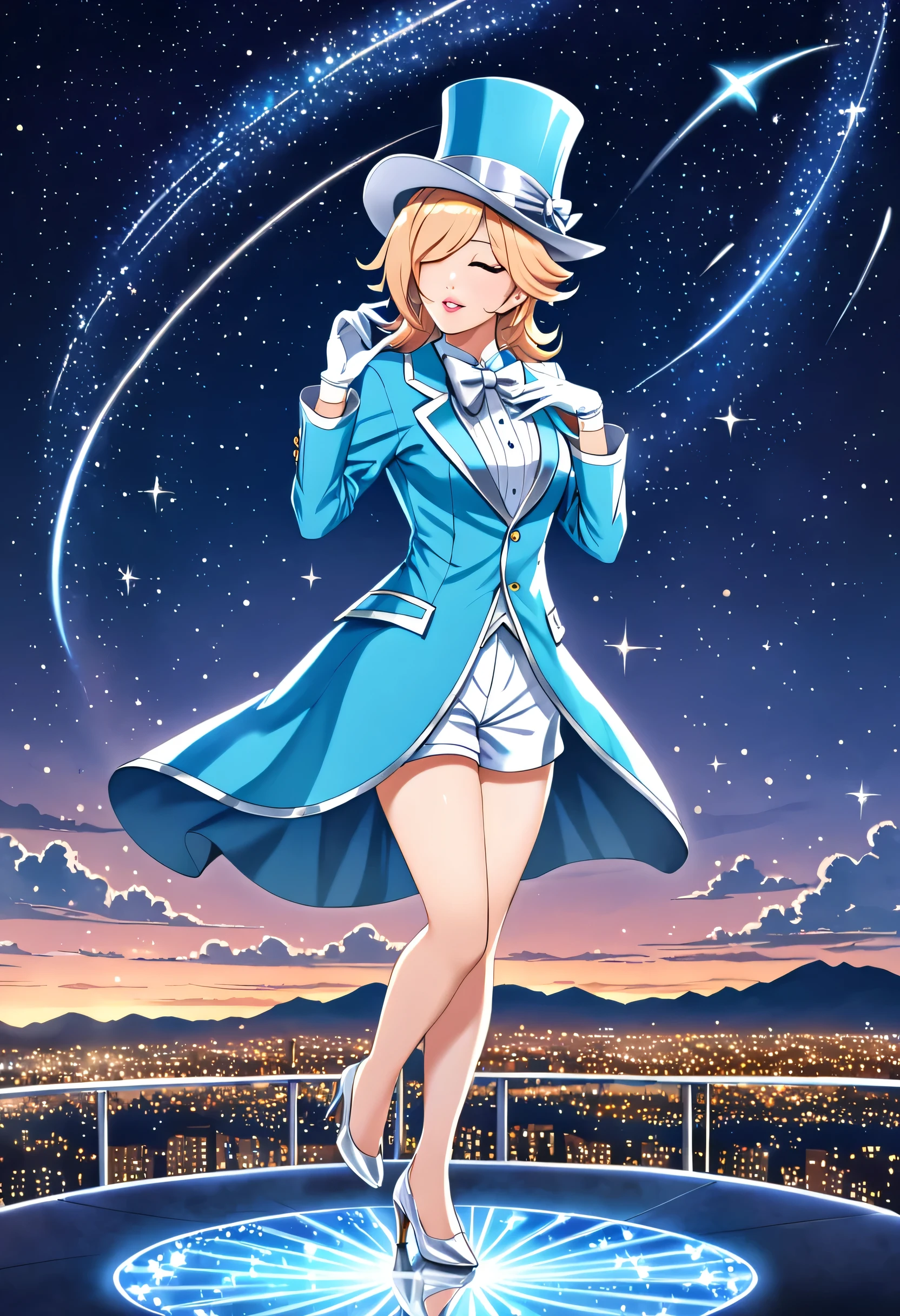 (masterpiece, Best quality, high resolution, hdr), 1girl, solo, lips, rosalina, ((oversized sky blue top hat and suit and short pants with white trim)), (sky blue high heels), (large silver bowtie), white gloves, (magician), (playful sigh, coy), starry background, posing on a crystal platform with a marble gazebo in the center, shooting stars in sky, (glamorous pose, broadway vibes), adult appearance, dapper pose, (standing up), (hands over heart, eyes closed), (detailed outfit, detailed eyes, detailed hair, detailed hat), medium breasts