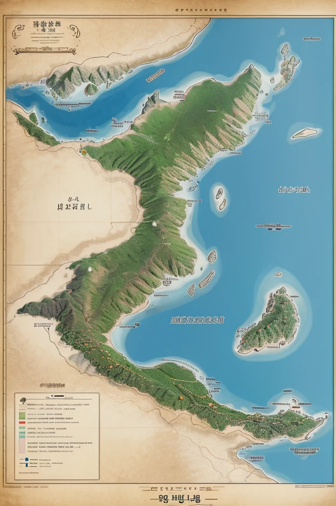 map, a huge continent, The three kingdoms on the right side of Daruk, One Republic Among Kingdoms, several islands, winding mountains, multiple ports, 거친 map 표면.