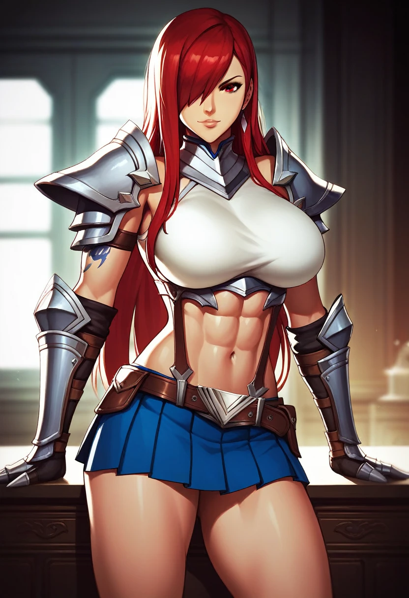 Erza, brown eyes, pauldrons,blue skirt, tattoo, gloves, breastplate, 1girl, gauntlets, belt,pleated skirt, , red hair, shoulder armor, looking at viewer, ,masterpiece, best quality,animerza, upper body, highres, room, big breasts, navel, indoors, brown eyes, hair over one eye