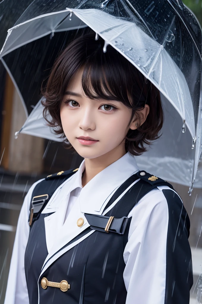 Bob-haired JK in uniform and the rain