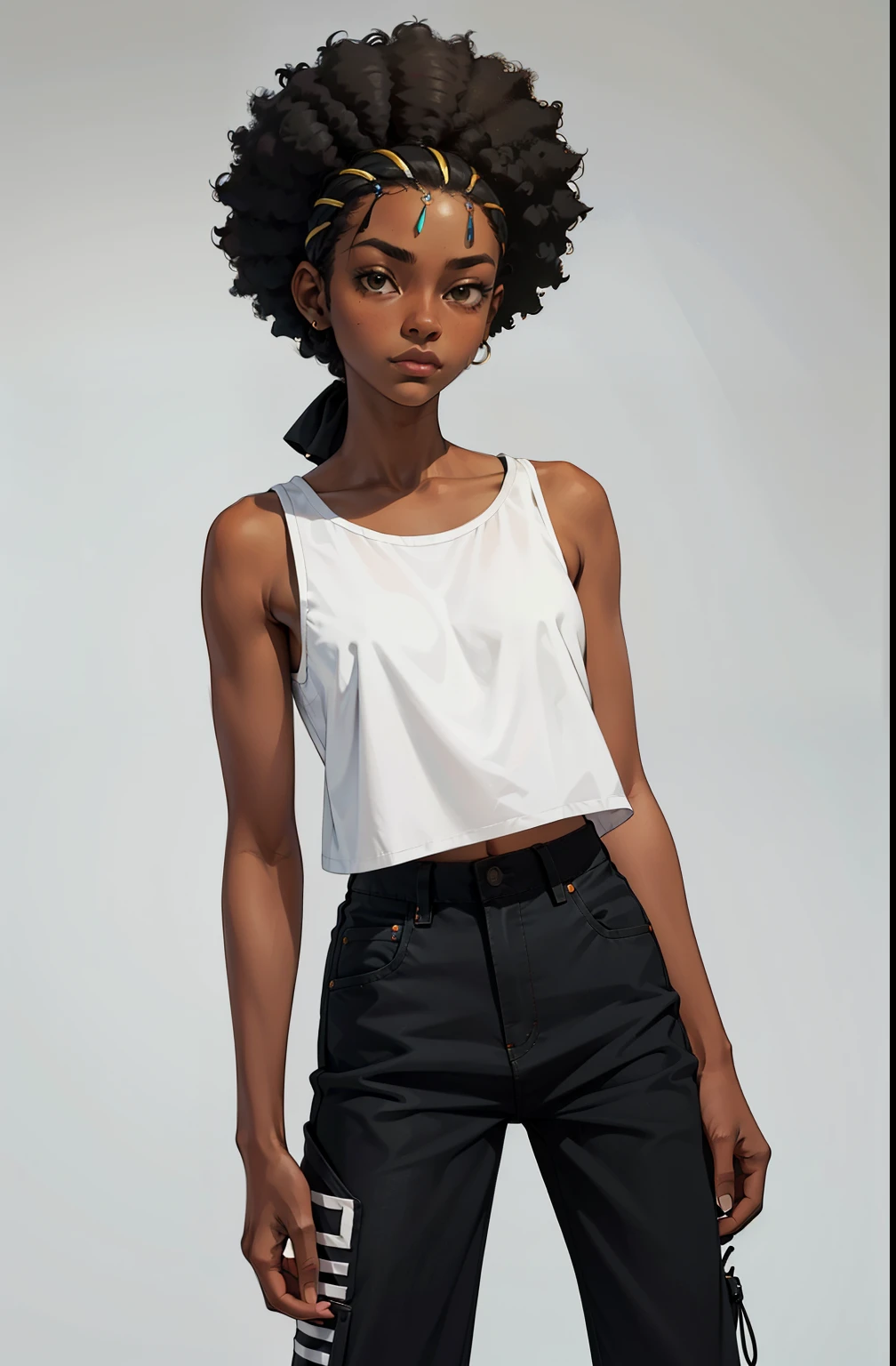 maquiagem, cabelo afro grande, Lips are soft or colored, fundo preto simples, minimalismo, monotonous, paletas de cores vivas, limpo, Crisp drawings, silhuetas fluidas, streetwear, moleton, streetwear pants, camisas e blusas, asymmetric, geometric, Simple and minimalist accessories, Designs diferentes,  silhuetas simples, estilo de rua, moda urbana, fundo liso, simple lighting, moda moda urbana, folha de modelo