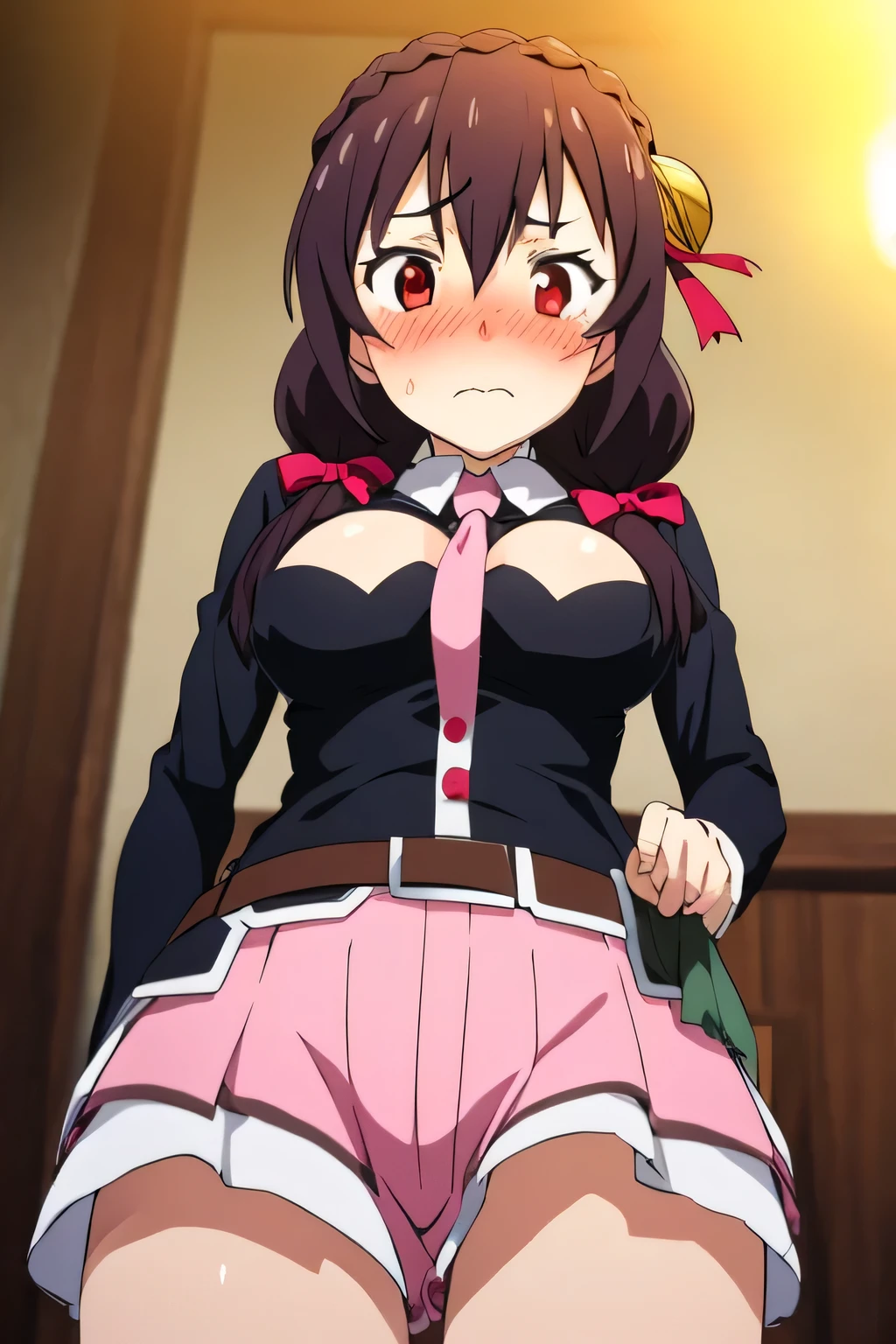 (masterpiece, Highest quality), One girl,    Yunyun,Long Hair,Braiding,Twin tails,Hair between the eyes,Red hair ribbon,hair ornaments,large round breasts,、Pink Skirt、Black Hair、Red Eyes、(Embarrassed face:1.2)、grassland、Crown Blade,Black Shirt, Long sleeve,Pink tie, belt, Cleavage cutout、cowboy shot、(blush:1.2)、Pink shorts、View from below