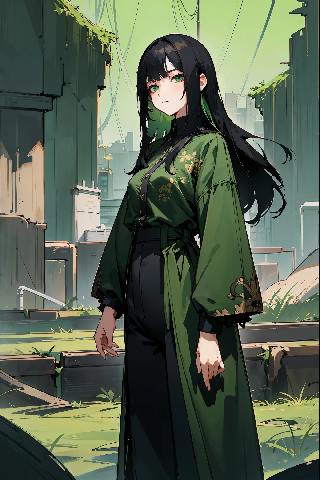 1female, black hair, two tone hair, oumbre hair, green hair, green eyes, expressionless, black and green floral shirt design, black pants, city background, detailed background, hands to side, standing on path