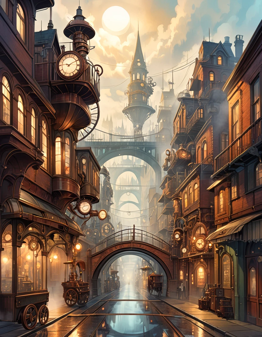 (steampunk:1.5), city street landscape, bridges, fog, art inspired by Bill Sienkiewicz.