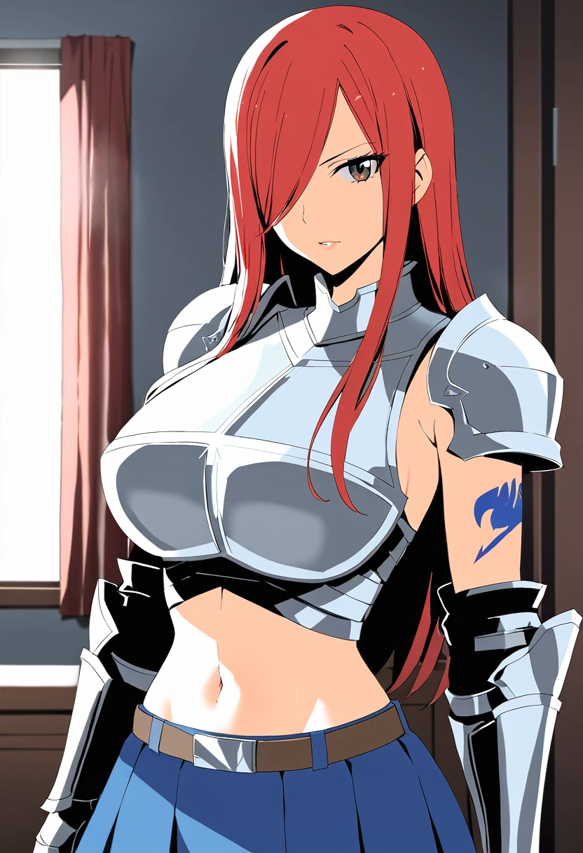 Erza, brown eyes, pauldrons,blue skirt, tattoo, gloves, breastplate, 1girl, gauntlets, belt,pleated skirt, , red hair, shoulder armor, looking at viewer, ,masterpiece, best quality,animerza, upper body, highres, room, big breasts, navel, indoors, hair over one eye,