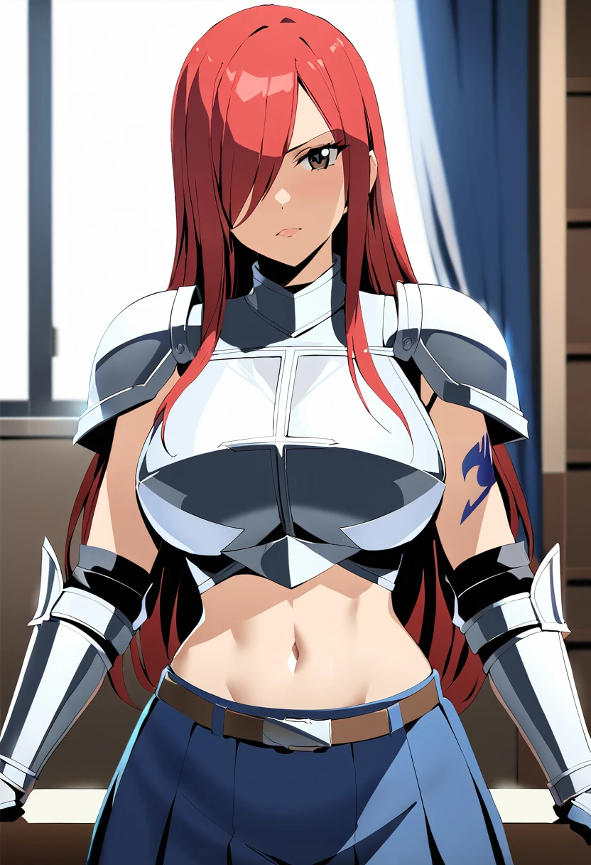 Erza, brown eyes, pauldrons,blue skirt, tattoo, gloves, breastplate, 1girl, gauntlets, belt,pleated skirt, , red hair, shoulder armor, looking at viewer, ,masterpiece, best quality,animerza, upper body, highres, room, big breasts, navel, indoors, hair over one eye,