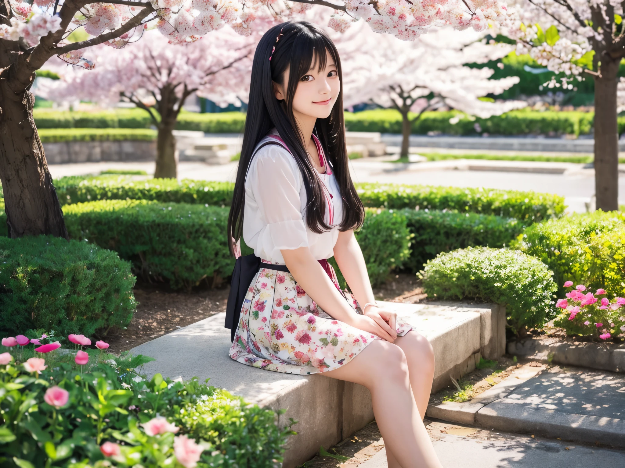 cute girl
long hair
(black hair)
gentle smile
colorful flower garden
girl sitting
clear scenery
Big cherry trees on the left and right
japanese girl
photographed alone