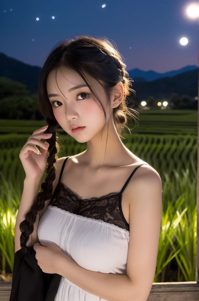 (1 Girl )、(Beautiful Japanese、18years old,round face、Refreshing、clear、seems kind、stylish、Pitiful、cute like an angel、cute、black eyes、,actress,Almond-shaped eyes,Translucent white skin、Beautiful skin), (((Beautiful big breasts:0.5))),(((soft breasts))) ,(very cute),(Hair tied up,(Black hair),(enchanting eyes),(highlight on eyes:1.2)、(8K、Live shooting、highest quality、masterpiece:1.2、optimal lighting)、((masterpiece)),(Photo taken by a professional photographer),(real、photo real:1.4),break,{ (Cute summer clothes)},(cheeks are red:1.3), break, break,Face shot:1.3、 face close-up,Looking at viewer、(Cleavage:0.5)、From above,Sad face:1.4,,Japan rice fields,(((night))),Many small glowing insects are flying、Japanese countryside、Starry Sky