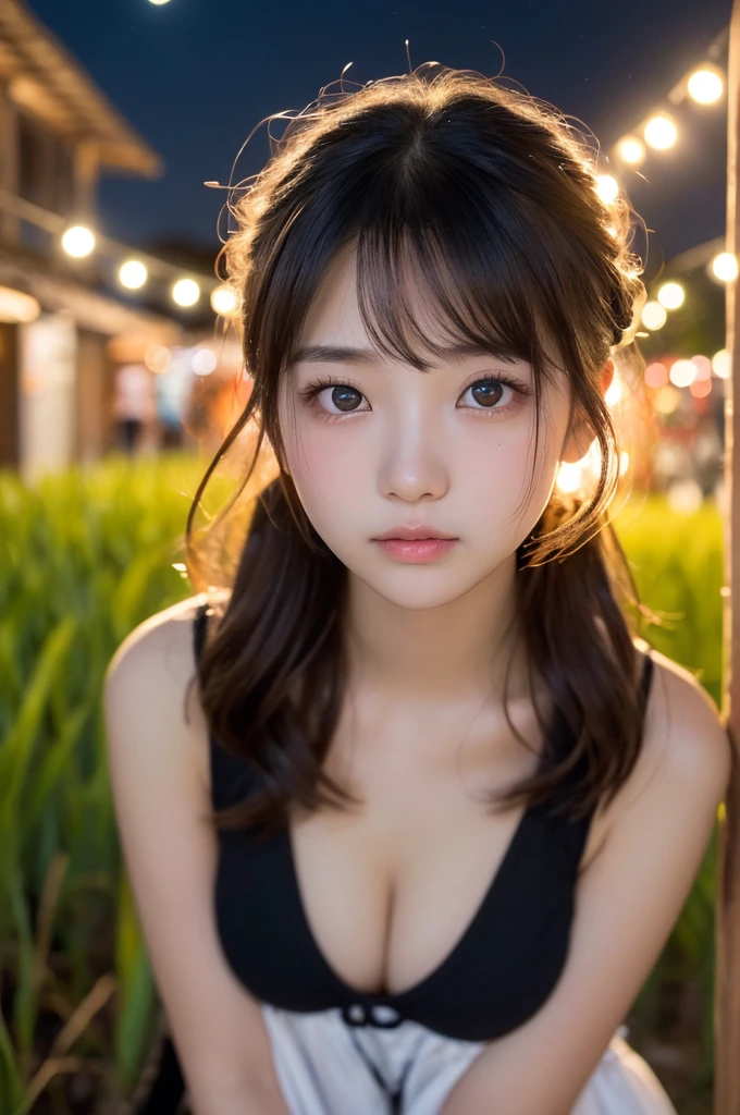 (1 Girl )、(Beautiful Japanese、18years old,round face、Refreshing、clear、seems kind、stylish、Pitiful、cute like an angel、cute、black eyes、,actress,Almond-shaped eyes,Translucent white skin、Beautiful skin), (((Beautiful big breasts:0.5))),(((soft breasts))) ,(very cute),(Hair tied up,(Black hair),(enchanting eyes),(highlight on eyes:1.2)、(8K、Live shooting、highest quality、masterpiece:1.2、optimal lighting)、((masterpiece)),(Photo taken by a professional photographer),(real、photo real:1.4),break,{ (Cute summer clothes)},(cheeks are red:1.3), break, break,Face shot:1.3、 face close-up,Looking at viewer、(Cleavage:0.5)、From above,Sad face:1.4,,Japan rice fields,(((night))),Many small glowing insects are flying、Japanese countryside、Starry Sky