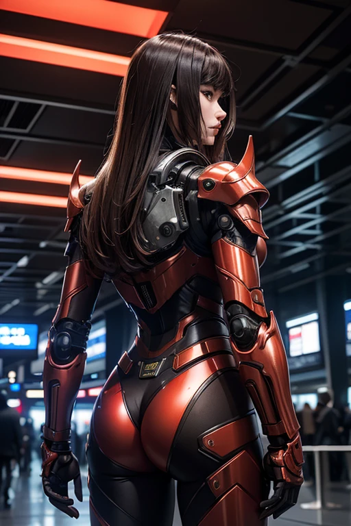 High resolution、8k、Digital Cyberpunk Art、Brown medium-long hair、Shiny Mechanical Armor、(Wears red mechanical armor with white LED lights)、Vernier on the back、(Standing in the airport of the future)、Japanese Girls