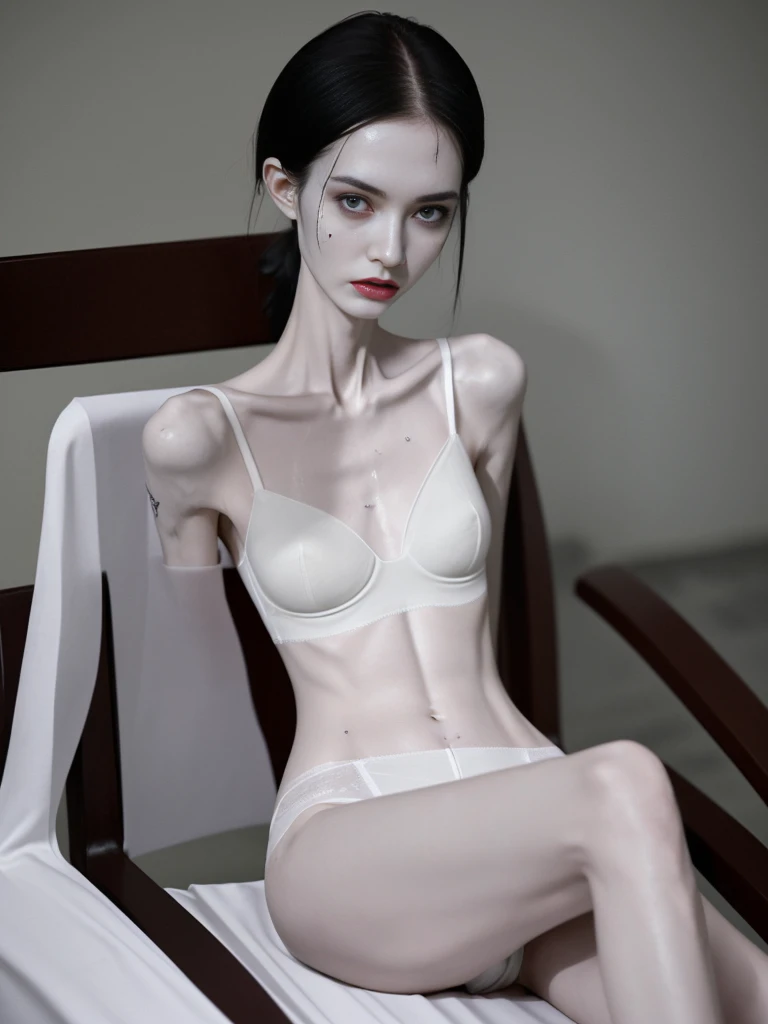 a woman , very thin body, body visible bones, very slender, sweaty wet body, pale white skin, panties, bra,tatto, full body, has a mental breakdown in an underground prison, sitting in chair