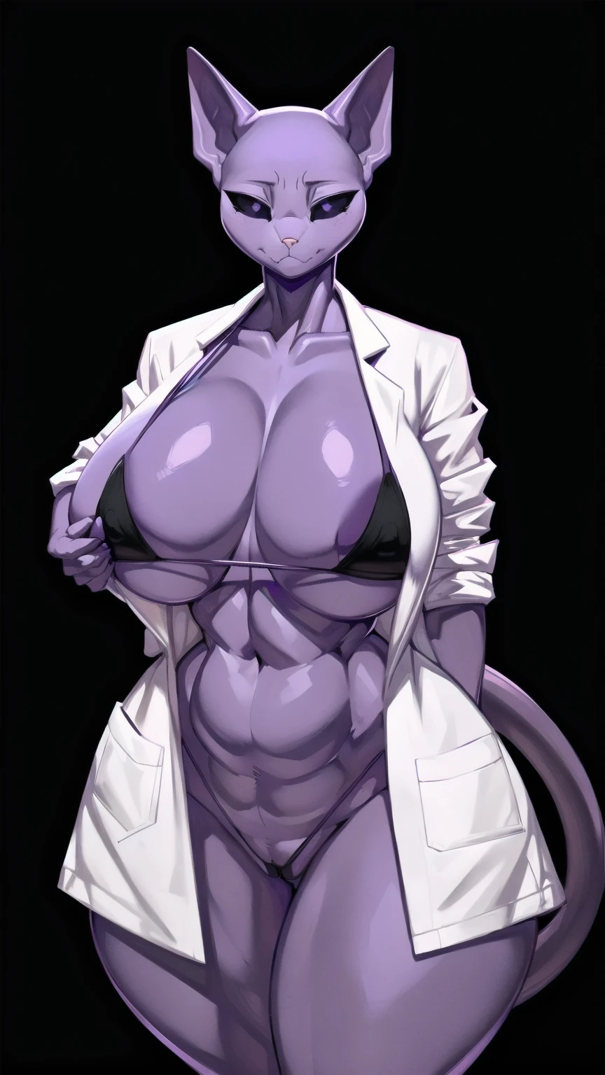 ((((black microbikini:1)))) bikini((made by zackary911:1 art style)), ((adorable cute sad cat face)), (colors her skin and face purple:1), focus on the female furry cat, ((small and tiny cat female body)), ((superiority and perfect body) ), ((female bald cat face dressed only in a white scientist's lab coat and a black Micro Bikini :1)), ((no hair anywhere on her body, no skin, total baldness, baldness:1)), masterpiece, Best quality, purple body and face color, a furry and feminine woman is a cute cat with purple hair, orange cat tongue, no hair anywhere on her body, pink cat nose, bare skin, big thighs, big tits and natural, big breasts, ((Hourglass figure)), (1.4), huge , thick, thick body, sexy massive female, Perfect body, big breasts, big ass, Perfect body, masterpiece, Best quality, full figure, voluptuous SEXY body, smooth. Perfect, athletic body, purple nipples, large oval eyes with black sclera and white pupils, orange tongue, ((purple inside her cat ears)), light pink cat nose, black and white eyes, ((long tail of dark purple color)), purple vagina, ((completely smooth face)), ((violet female sphinx cat face)), ((sphynx cat head)), orange cat tongue, adorable face, ((Cute face)), voluptuous cat woman, ((white scientist lab coat)), furry cat with an happy face expression, ((very sad face)), sad face, venus Perfect body, ((only 2 cat ears Normal purple, no hair on the head:1)), purple nipples, completely, high quality, masterpiece, adorable and sexy, Beautiful adorable Perfect body, violet color of the body and the face, big black eyes with white iris, cat mouth, cat teeth, bald body, on a romantic date, ((made by art style zackary911:1)