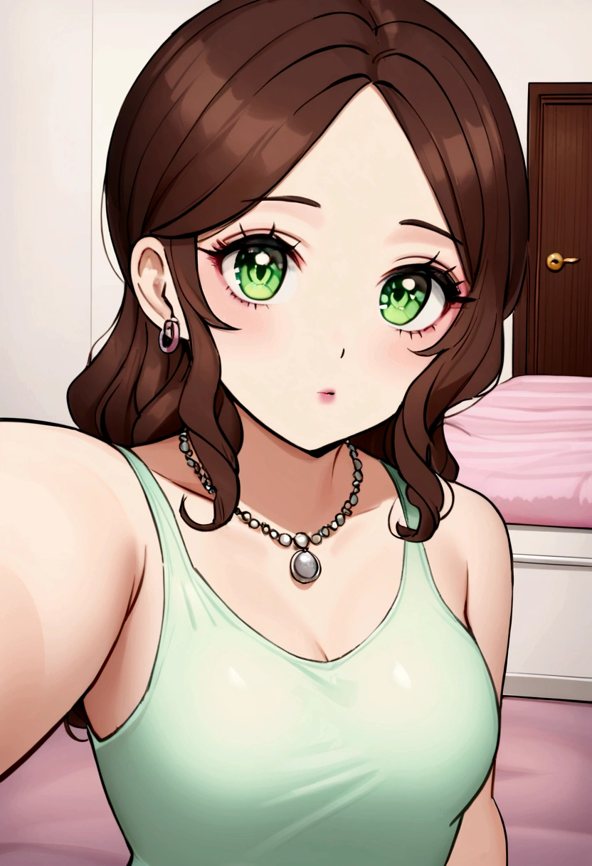 arafed woman with a white tank top and a necklace, sexy girl with green eyes, portrait sophie mudd, brown hair and large eyes, selfie of a young woman, bedroom eyes, violet myers, without makeup, natural makeup, looking directly at the camera, face with artgram, subtle makeup, stunning full body shot, piercing green eyes