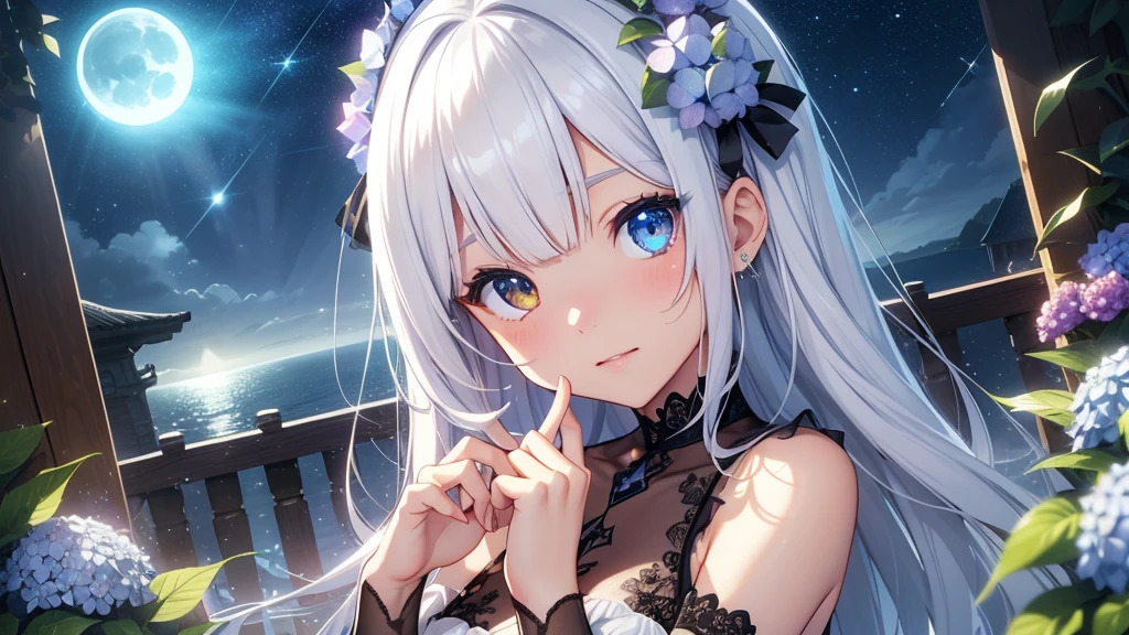Best quality、Photorealistic、Ultra-detailed、delicate、Orderly、High Detail、Bluish Silver Short Bob、(Drooping heterochromia iris,glowing eyes、Sparkling Eyes:1.3)、slender、(One girl:1.2)、(hydrangea、night、Guided by the moonlight、The twinkling of the constellationysterious、Fantasy、Dramatic、Dutch Angle:1.3)、Ambient Occlusion、Ambient Light、Ray-traced Reflections、Glow、Shiny Hair、
