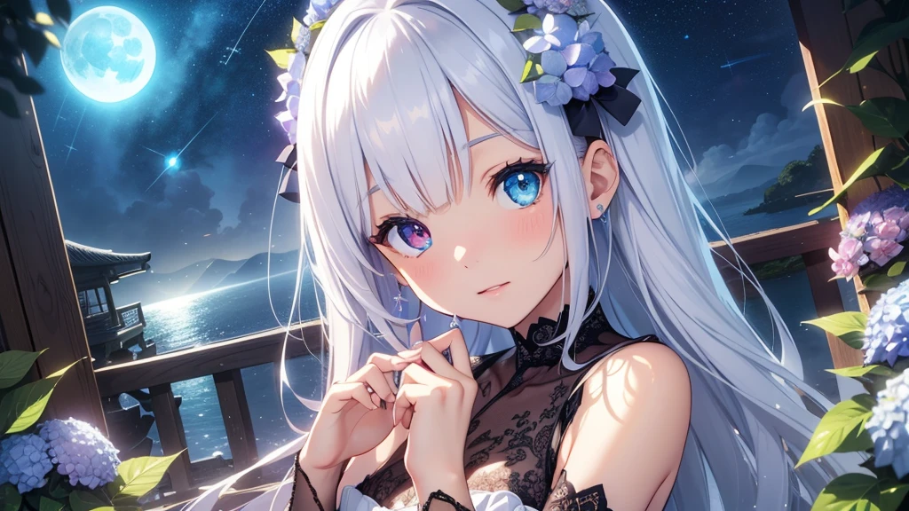 Best quality、Photorealistic、Ultra-detailed、delicate、Orderly、High Detail、Bluish Silver Short Bob、(Drooping heterochromia iris,glowing eyes、Sparkling Eyes:1.3)、slender、(One girl:1.2)、(hydrangea、night、Guided by the moonlight、The twinkling of the constellationysterious、Fantasy、Dramatic、Dutch Angle:1.3)、Ambient Occlusion、Ambient Light、Ray-traced Reflections、Glow、Shiny Hair、

