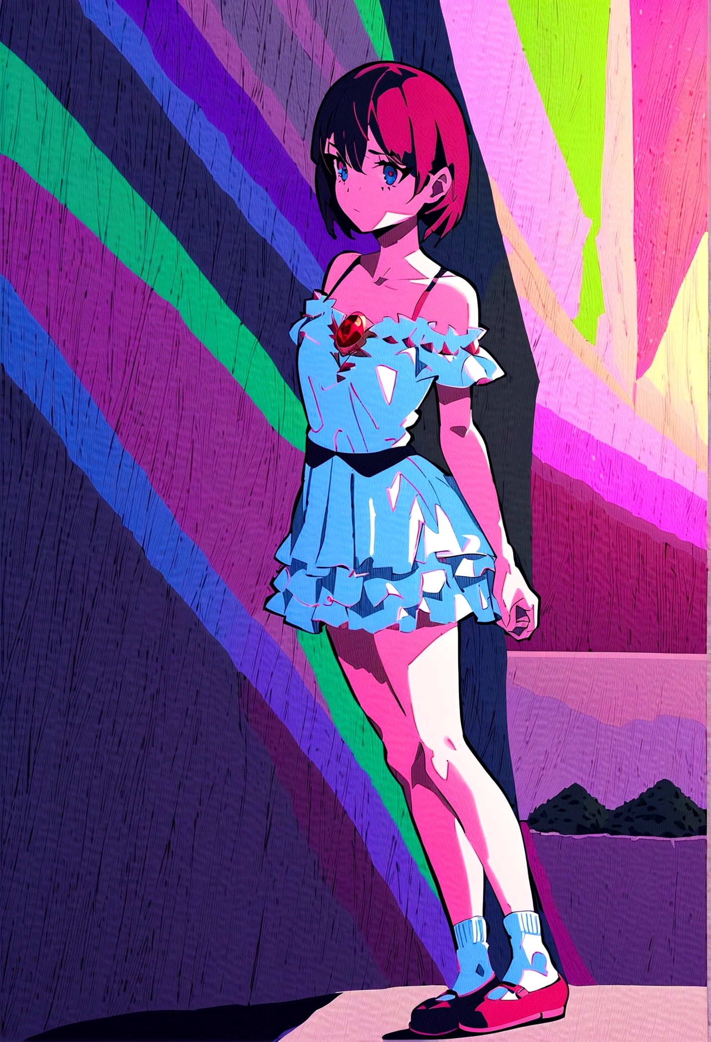 Magic_Girls Costumes:1.4),A red gemstone in the middle of the collarbone,White frilly knee-high socks,Red Shoes\):1.3) Standing with a confused look on his face, as if lost in the fog, Looking away while showing the viewer your whole body, break ,Colorful, geometric and chaotic、Messy and chaotic gothic shadow castle background,(In a very psychedelic nightmare), break ,quality\(8k,非常に精細なCGユニットのwallpaper, masterpiece,High resolution,top-quality,top-quality real texture skin,Surreal,Increase the resolution,RAW Photos,最高quality,Very detailed,wallpaper,Cinema Lighting,Ray-tracing,Golden Ratio\),(Long Shot),Wide Shot,landscape,Blurred Background,(Art by Maurits Escher:1.3),(Better Hands:1.3),5 fingers