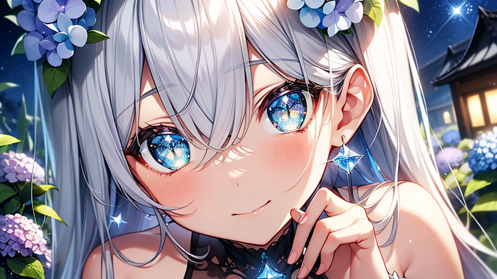 Best quality、Photorealistic、Ultra-detailed、delicate、Orderly、High Detail、Bluish Silver Short Bob、(Drooping heterochromia iris,glowing eyes、Sparkling Eyes:1.3)、slender、(One girl:1.2)、(hydrangea、night、Guided by the moonlight、The twinkling of the constellationysterious、Fantasy、Dramatic、Dutch Angle:1.3)、Ambient Occlusion、Ambient Light、Ray-traced Reflections、Glow、Shiny Hair、