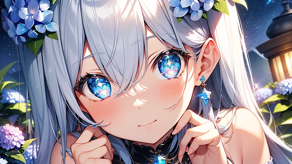 Best quality、Photorealistic、Ultra-detailed、delicate、Orderly、High Detail、Bluish Silver Short Bob、(Drooping heterochromia iris,glowing eyes、Sparkling Eyes:1.3)、slender、(One girl:1.2)、(hydrangea、night、Guided by the moonlight、The twinkling of the constellationysterious、Fantasy、Dramatic、Dutch Angle:1.3)、Ambient Occlusion、Ambient Light、Ray-traced Reflections、Glow、Shiny Hair、